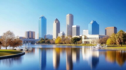 Vibrant City Skyline Reflections - Modern cityscape, tranquil lake, colorful reflections, urban development, architectural beauty.