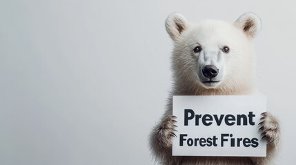 Polar Bear Forest Fire Prevention Wallpaper - A cute polar bear cub holds a sign advocating for forest fire prevention.  Symbolizing conservation, environmental protection, wildlife safety, climate ch