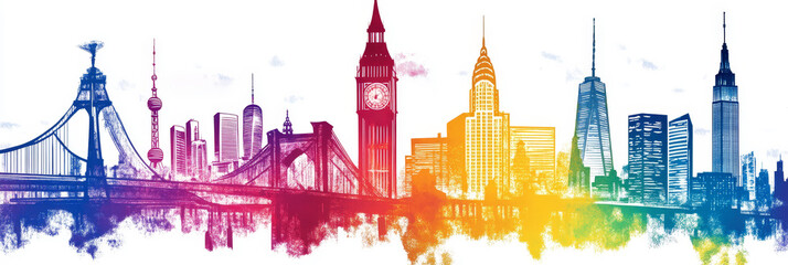 Global Landmarks Rainbow Skyline Wallpaper - Vibrant rainbow cityscape, symbolizing global unity, education, travel, adventure, and knowledge. Back to school theme.