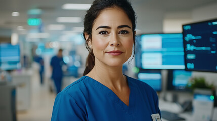 Fototapeta premium Portrait of a Female Medical Professional in a Hospital Setting, Representing Care, Expertise, and Compassion 