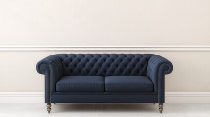 Fototapeta premium Patio furniture seating and minimal, A stylish navy tufted sofa with a classic design, set against a simple beige wall, perfect for modern or traditional interiors.