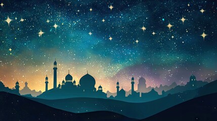 Night sky over desert city, stars, peaceful landscape, travel poster