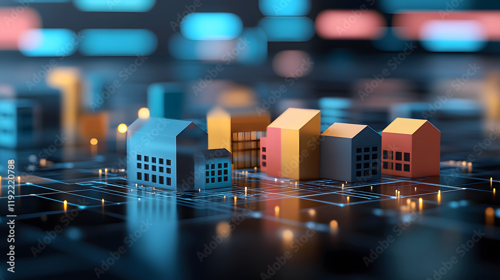 Poster a digital representation of colorful miniature houses on a circuit board, symbolizing technology and
