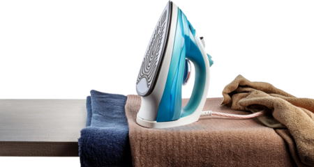 Modern Blue and White Electric Iron on Wooden Table with Towels Laundry Ironing