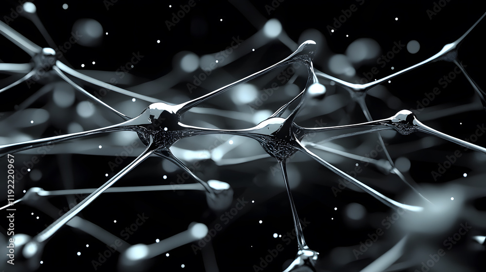 Poster A close-up view of interconnected nodes resembling a molecular structure, showcasing intricate details and a dark, atmospheric background
