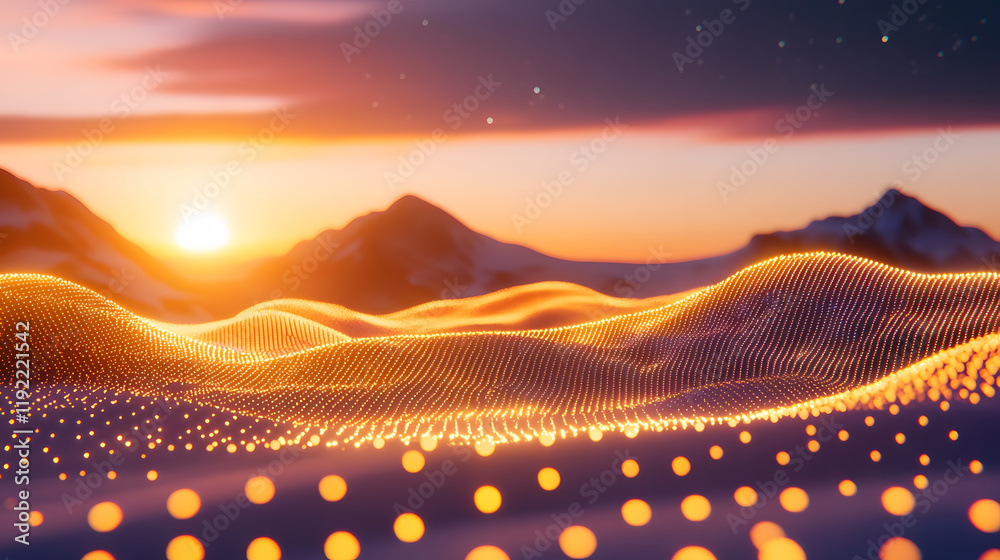 Poster a mesmerizing sunset over digital hills adorned with glowing dots, creating a serene and futuristic 