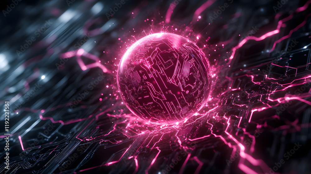 Poster a glowing pink sphere surrounded by electric currents and abstract patterns, evoking a futuristic an