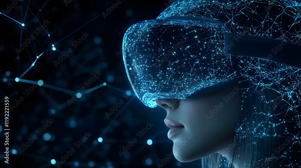 Poster A futuristic user experiences virtual reality, immersed in a world of glowing data and connections, showcasing the intersection of technology and human interaction