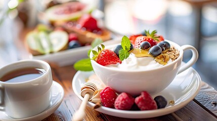 Greek yogurt with fresh fruits, honey, crispy toast, and a hot cup of coffee