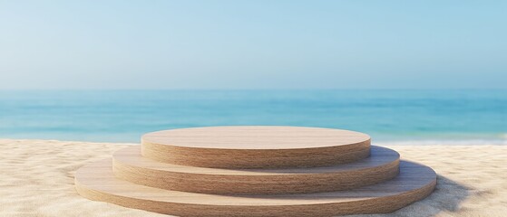 Obraz premium A podium set on the beach, surrounded by sand and sea, perfect for product display and travel promotions. Generative AI