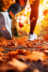 Runner's feet kicking up autumn leaves on a trail.