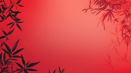 Red background with bamboo leaves; Asian-inspired design for cards, websites