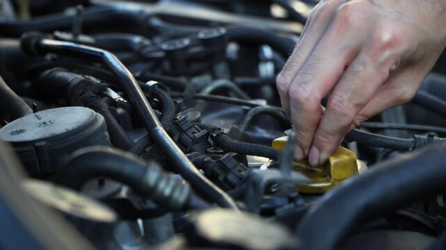 man's hand opens or closes the oil filler cap.Energy fuel concept,oil change to auto.