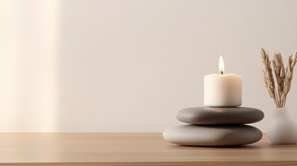 A serene arrangement featuring stones, a candle, and dried plants for a calming atmosphere.