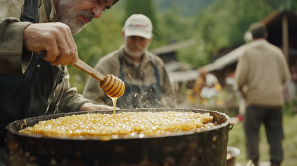 The working beekeeper collects honey
