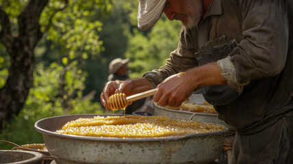 The working beekeeper collects honey
