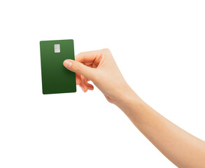 Woman hand holding credit card on isolated white background.