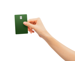 Woman hand holding credit card on isolated white background.