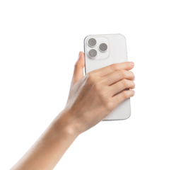 Clipping path, Hand holding back of the smartphone on isolated white background.