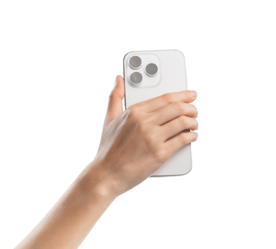 Clipping path, Hand holding back of the smartphone on isolated white background.