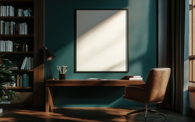 A cinematic mockup of a blank poster frame on a teal and brown accented wall, set above a polished wooden desk with a leather chair, surrounded by a modern bookshelf and subtle decor