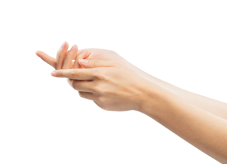 Woman hand applying cosmetic cream on her finger on background.