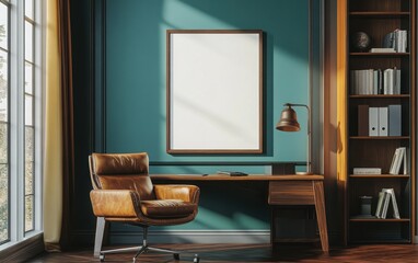 A cinematic mockup of a blank poster frame on a teal and brown accented wall, set above a polished wooden desk with a leather chair, surrounded by a modern bookshelf and subtle decor