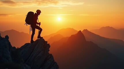 Fototapeta premium Silhouette of a Hiker on a Mountain Summit During Sunset