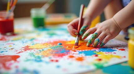 Naklejka premium Child's Hands Painting with Vibrant Colors in Creative Art Activity