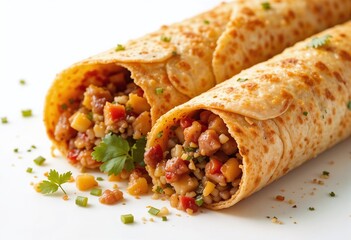 Delicious taquitos filled with seasoned meats and vegetables, garnished with chopped herbs on a pristine white background.