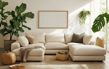 Fototapeta premium Neutral-toned living room featuring a blank wooden frame above a beige sectional sofa, paired with a woven rug and a green monstera plant near a sunlit window