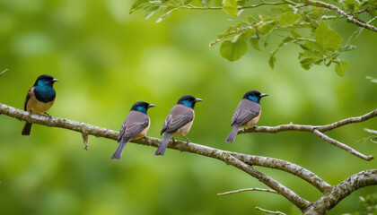 Fototapeta premium Flock of small birds on intertwined branches in lush green lighting