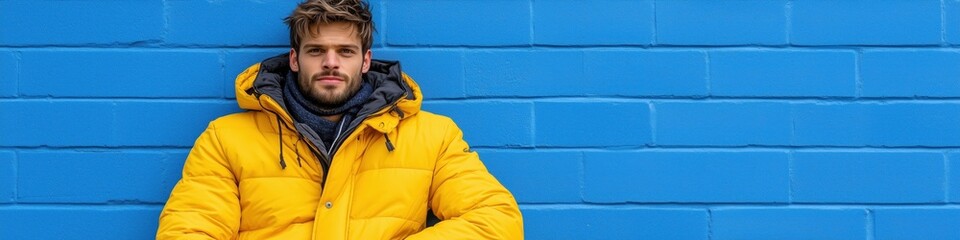 Trendy individual in a yellow jacket poses against a vibrant blue wall on a sunny day in an urban setting