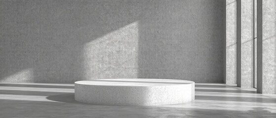 An empty stone podium on light background with geometric shadows for a modern, industrial product presentation. Generative AI