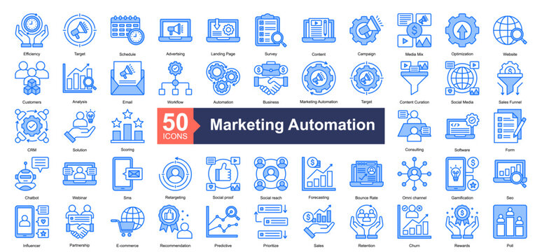 Marketing Automation Icon Collection Set.Containing Efficiency, Target, Schedule, Advertising, Landing Page, Survey, Content, Campaign icon. Simple blue style Vector Illustration.