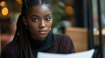 Young woman in turtleneck studying in cafe environment