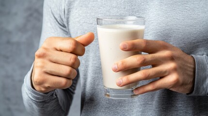 Man holding a glass of plant-based milk.