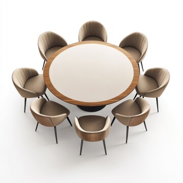 Round dining table with eight upholstered chairs.