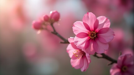 Obraz premium Delicate Pink Cherry Blossom in Full Bloom, Petal Layers Unfurled, Warm Light Kissed, Golden Pollen at the Heart, Soft Focus Background, From Eye-Level, with Bokeh Effect, Pink Flower