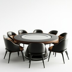 Modern round dining table with ten black and tan leather chairs.