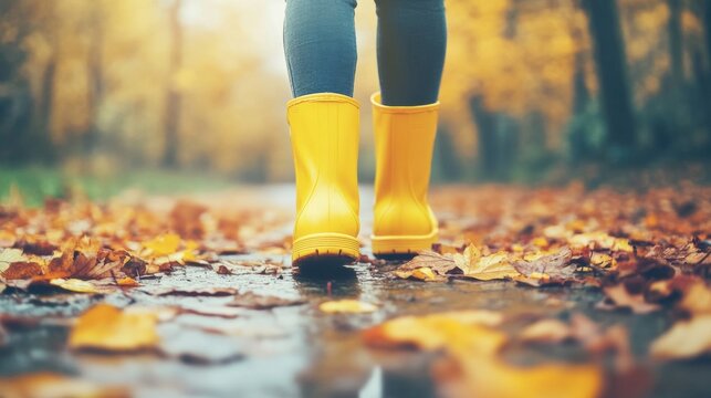 Enjoying a peaceful stroll on a forest path covered with vibrant autumn leaves while wearing bright yellow rain boots - Powered by Adobe