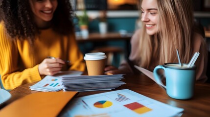 Two women reviewing financial data together at a cafe