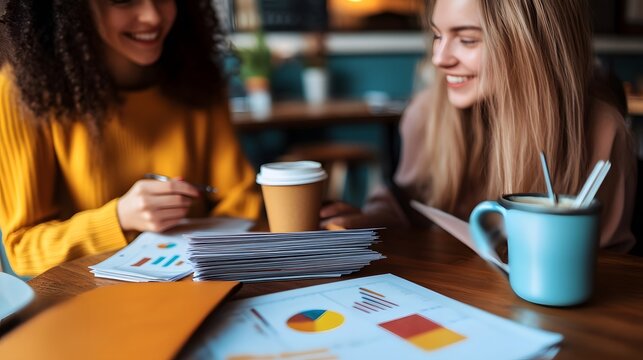 Two women reviewing financial data together at a cafe