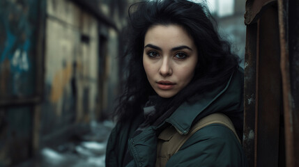 Naklejka premium Mysterious woman in winter coat in moody urban alley