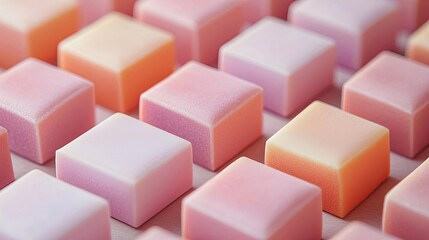 Symmetry gradient idea. Colorful square dessert cubes arranged in a neat pattern, creating a visually appealing treat.