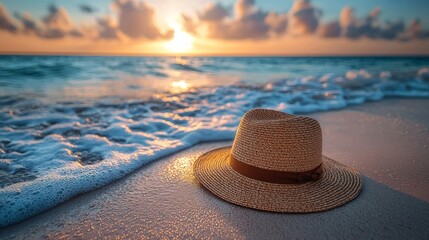 Straw hat on beach at sunset, ocean waves, tranquil scene, summer vacation imagery