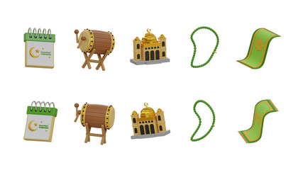 Ramadhan featuring a calendar, drum, mosque, prayer beads, and prayer mat. 3D Icon High Quality Render