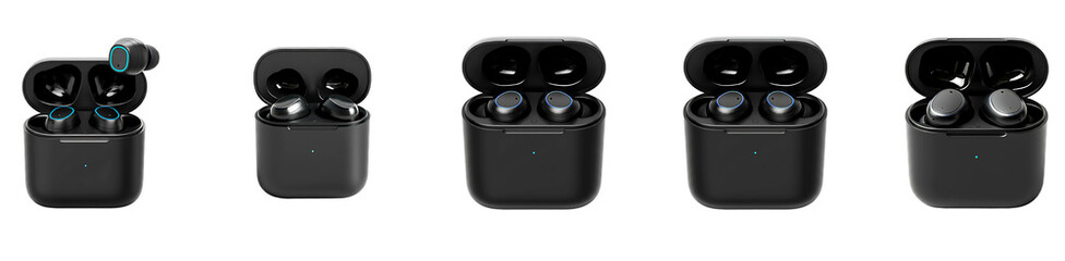 Wireless Earbuds in Charging Case, Multiple Angles, Black