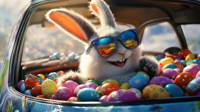 Cute Easter Bunny with sunglasses looking out of a car filed with easter eggs