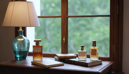 A wooden table with a lamp, a book, and a bottle of perfume in front of a window with a blurry background.
